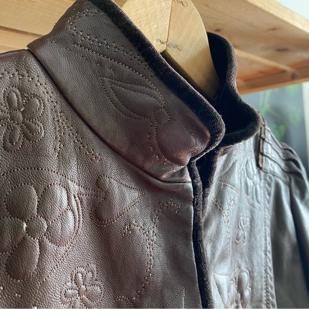 Elie Tahari Brown Floral Embroidered Embellished Leather Moto Jacket - Picture 5 of 16